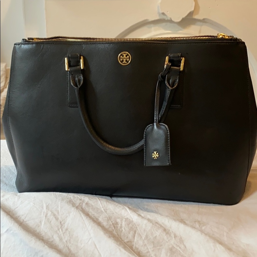 Tory Burch Black Leather Tote with Gold Hardware